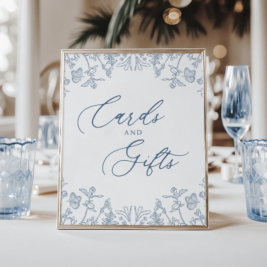 Französisch Blue Chinoiserie Blumenkarten und Gesc Poster