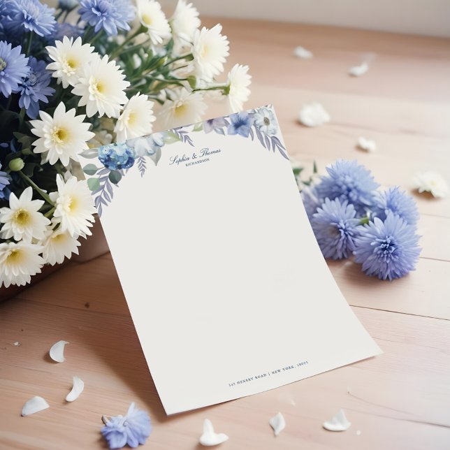 Französisch Blue & Lavender Watercolor Floral Wedd Briefbogen (French Blue & Lavender Watercolor Floral Wedding Letterhead)