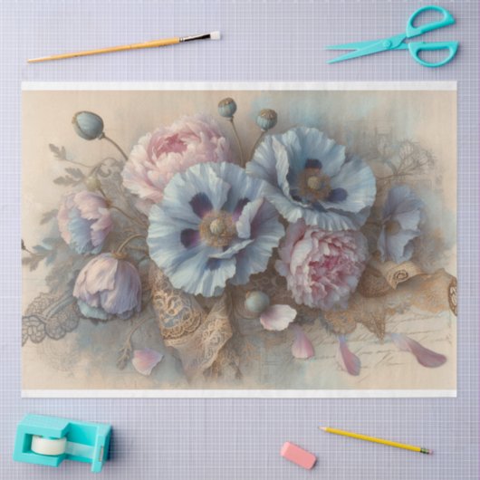 Französisch Blue Poppies Pink Peonies Decoupage Seidenpapier (Basteln)