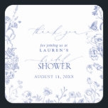Französisch Blue & White Floral Brautparty Vielen  Quadratischer Aufkleber<br><div class="desc">Vielen Dank an Ihre besonderen Brautparty-Gäste mit dem perfekten Aufkleber! Unser französisches Blue & White Floral Brautparty Dankeschön Square Sticker verbindet traditionelle und moderne Stile in einer reizvollen Mischung. Dieser Aufkleber mit klassisch blauen, Viktorianischen Blumenblättern aus Blume, die in handgezeichnet Stil bemalt sind, Bienen und Schmetterlingen verleiht diesem Aufkleber eine...</div>