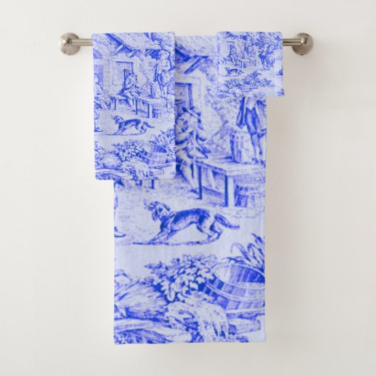 Französisch Blue White Toile Chinoiserie Rustikale Badhandtuch Set (Insitu)