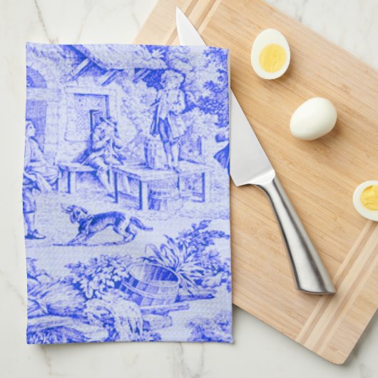 Französisch Blue White Toile Chinoiserie Rustikale Geschirrtuch (Viertel Falte)