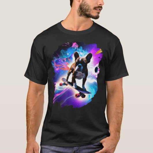 Französisch Bulldog Skateboarding Space Retro T-Shirt (Vorderseite)