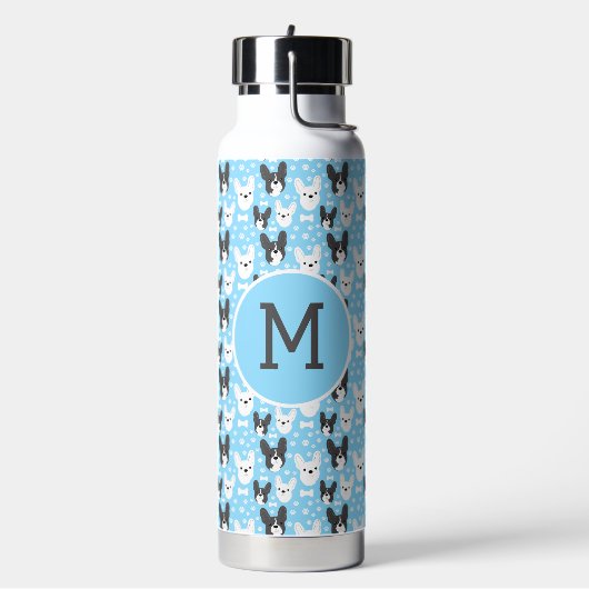Französisch Bulldogs Blue Pattern Monogram Trinkflasche (Links)