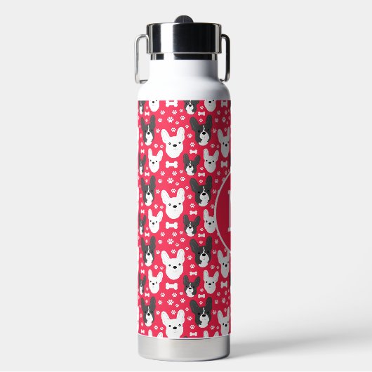 Französisch Bulldogs Red Pattern Monogram Trinkflasche (Vorderseite)