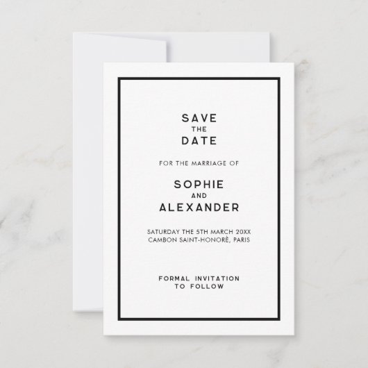 Französisch Chic Minimal Schwarz & Weiß Hochzeit Save The Date (Vorderseite)