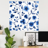 Französisch Cotgecore Blaue Blumenmuster Tissue Pa Poster (Heimbüro)