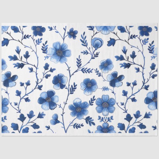 Französisch Cotgecore Blaue Blumenmuster Tissue Pa Seidenpapier (Vorderseite)