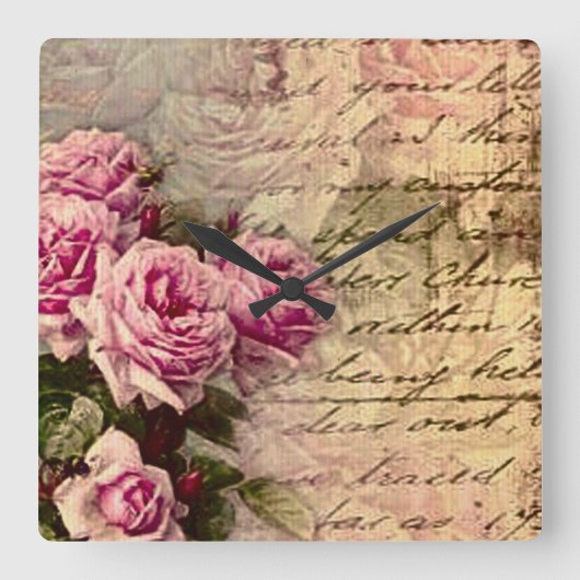 Französisch Country chic, Shabby Chic, rosa Rosen, Quadratische Wanduhr (Vorderseite)