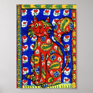 Französisch Country Style Red Paisley Cat Mini Fol Poster