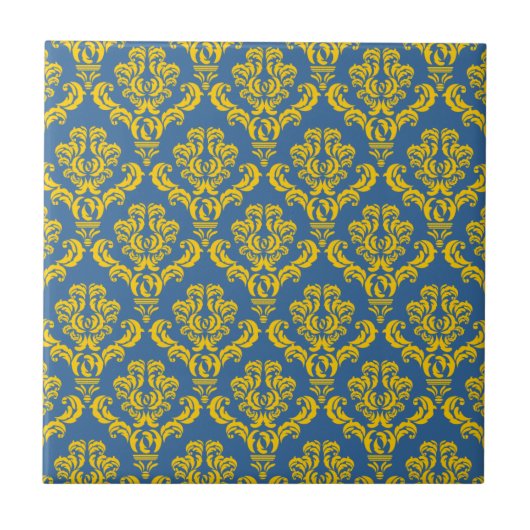 Französisch Empire Damask in Gelb und Azurblau Fliese (Vorderseite)