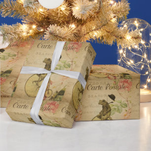 Französisch Ephemera Frog Riding Bicycle Geschenkpapier