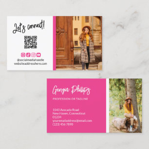 Französisch Fuchsia Social Media Icons QR Code Fot Visitenkarte