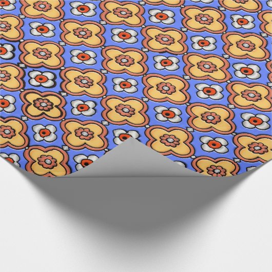 Französisch-gotisches Fliesenmuster - Blaugelbes O Geschenkpapier (Ecke)