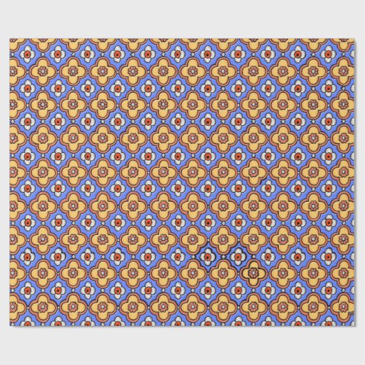 Französisch-gotisches Fliesenmuster - Blaugelbes O Geschenkpapier (Flach)
