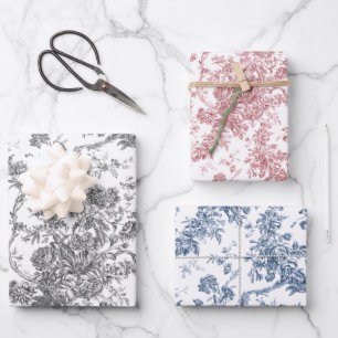 Französisch graviert Toile-Grau, Rosa, Blau Geschenkpapier Set
