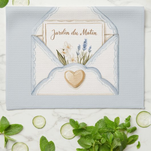 Französisch Hellblau Creme Umschlag Herz Blumen Geschirrtuch (Gefaltet)