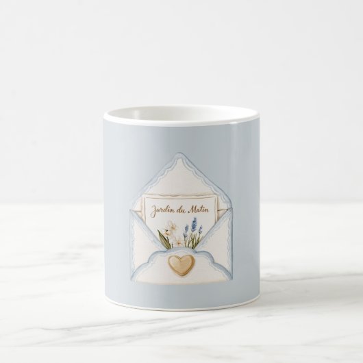 Französisch Hellblau Creme Umschlag Herz Blumen   Kaffeetasse (Mittel)