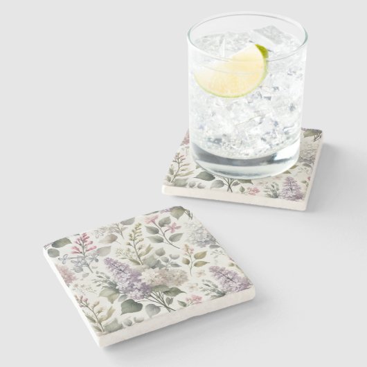 Französisch Lilac Wasserfarbe Bläserner Frühling u Steinuntersetzer (Seitenansicht)