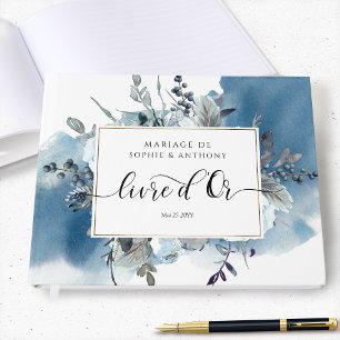 Französisch, Livre d'Or, Blue Floral Guest Book Gästebuch