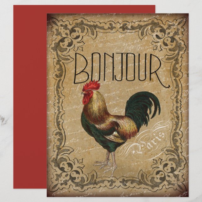 Französisch Paris Bonjour Rooster Scrapbook Paper (Vorne/Hinten)