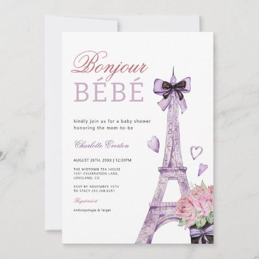 Französisch Pariser Bebe Eiffel Tower Bow Babydusc Einladung (Vorderseite)