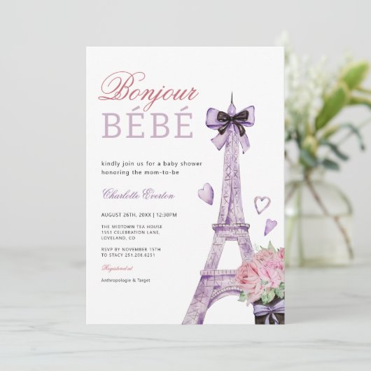 Französisch Pariser Bebe Eiffel Tower Bow Babydusc Einladung (Stehend Vorderseite)