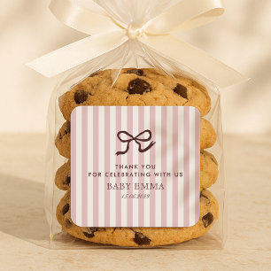 Französisch Pink Bow & Stripes Babydusche Quadratischer Aufkleber