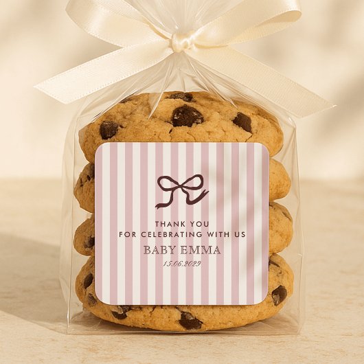 Französisch Pink Bow & Stripes Babydusche Quadratischer Aufkleber