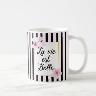 Französisch-rosa Blüten und schwarze Streifen Kaffeetasse