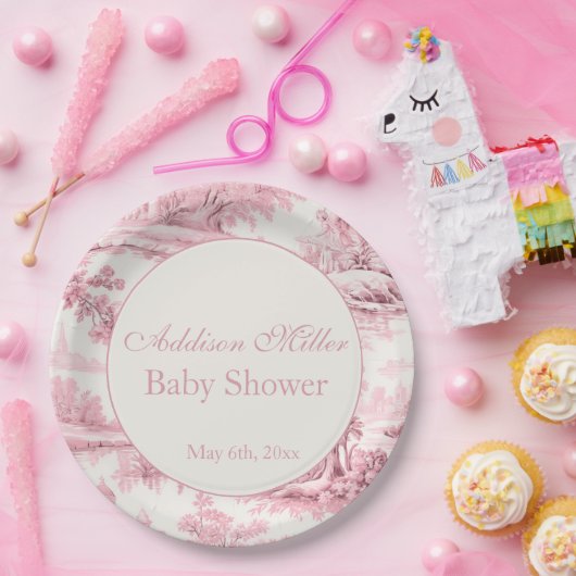 Französisch Rosa Toile Floral Bow Baby Girl Dusche Pappteller (Party)