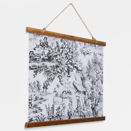 Französisch Schwarz-weiß Toile Chinoiserie Rustika Wandteppich Mit Holzrahmen (Gewinkelt)