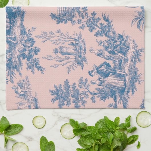 Französisch toile de jouy blau und rosa elegant geschirrtuch (Gefaltet)