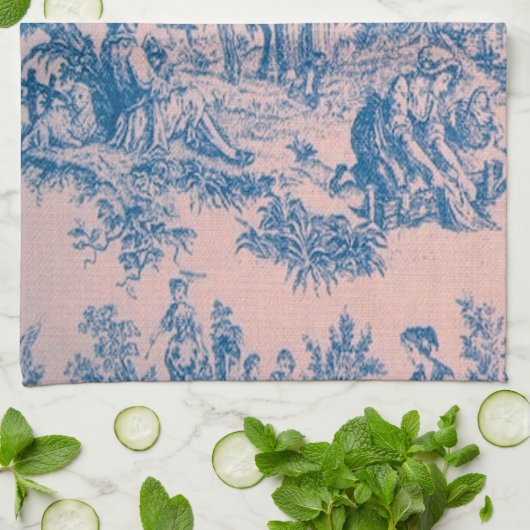 Französisch toile de jouy blau und rosa elegant geschirrtuch (Gefaltet)