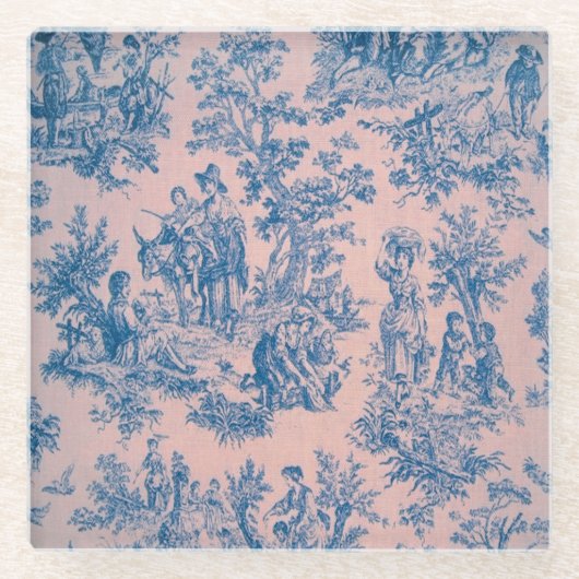 Französisch toile de jouy blau und rosa elegant glasuntersetzer (Vorderseite)
