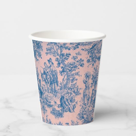 Französisch toile de jouy blau und rosa elegant pappbecher (Vorderseite)