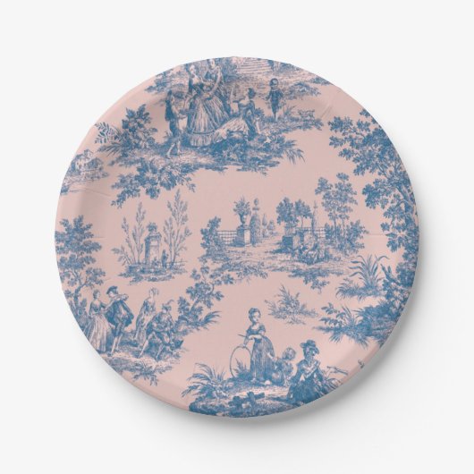 Französisch toile de jouy blau und rosa elegant pappteller (Vorderseite)