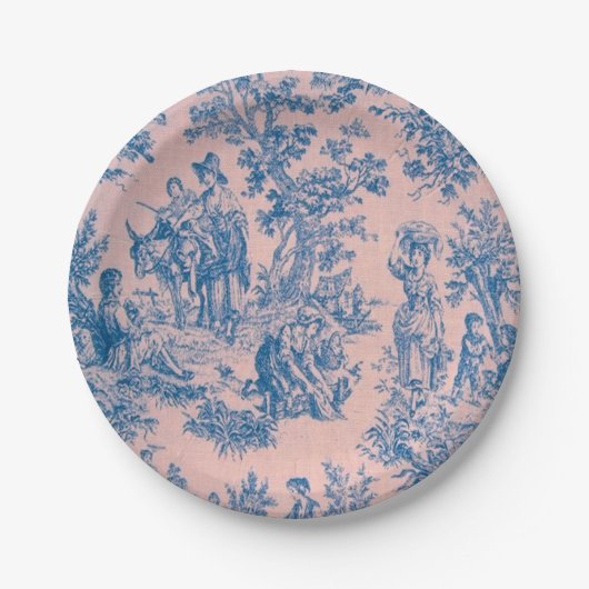 Französisch toile de jouy blau und rosa elegant pappteller (Vorderseite)