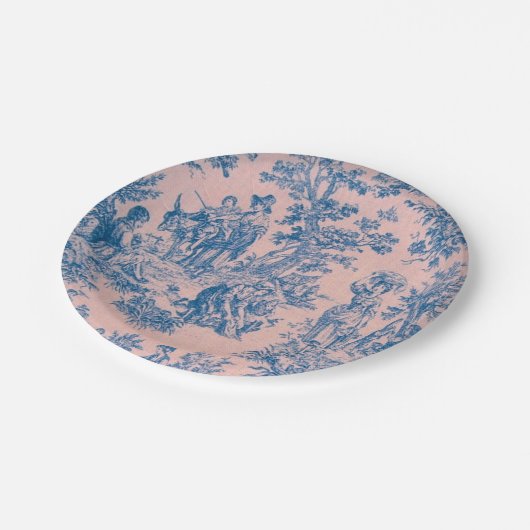 Französisch toile de jouy blau und rosa elegant pappteller (Schrägansicht)