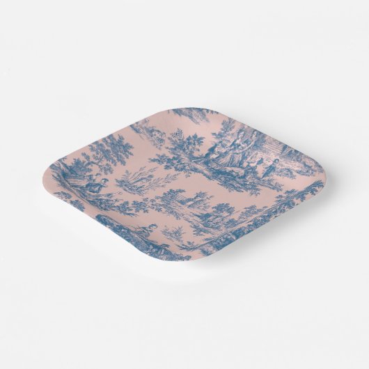 Französisch toile de jouy blau und rosa elegant pappteller (Gewinkelt)