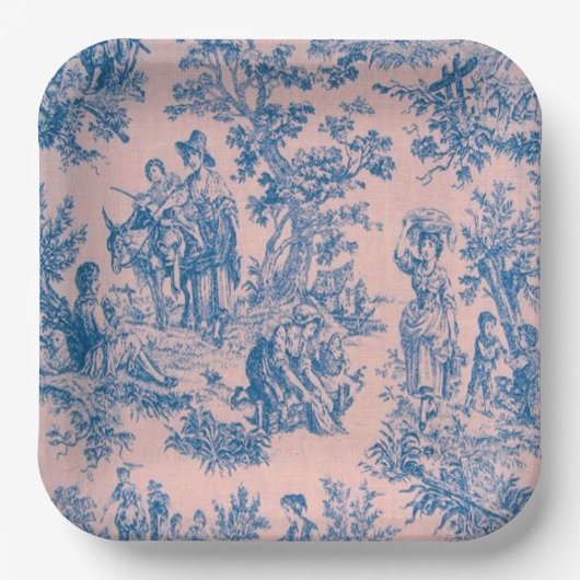 Französisch toile de jouy blau und rosa elegant pappteller (Vorderseite)
