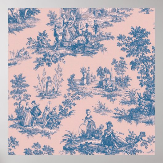Französisch toile de jouy blau und rosa elegant poster (Vorne)