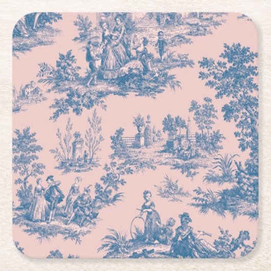 Französisch toile de jouy blau und rosa elegant rechteckiger pappuntersetzer (Vorderseite)