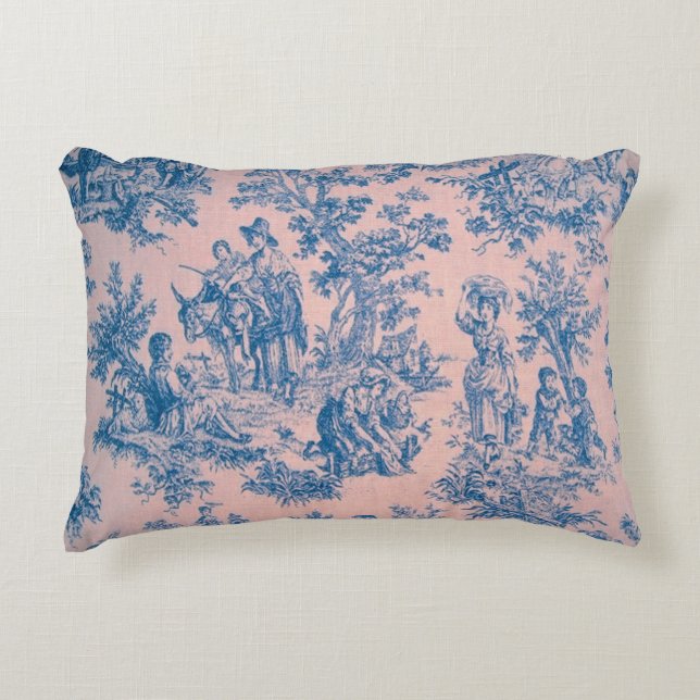 Französisch toile de jouy pink und blau elegant dekokissen (Vorderseite)