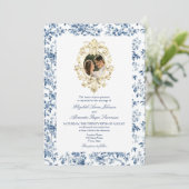 Französisch Toile Floral Dusty Blue Foto Hochzeit Einladung (Stehend Vorderseite)