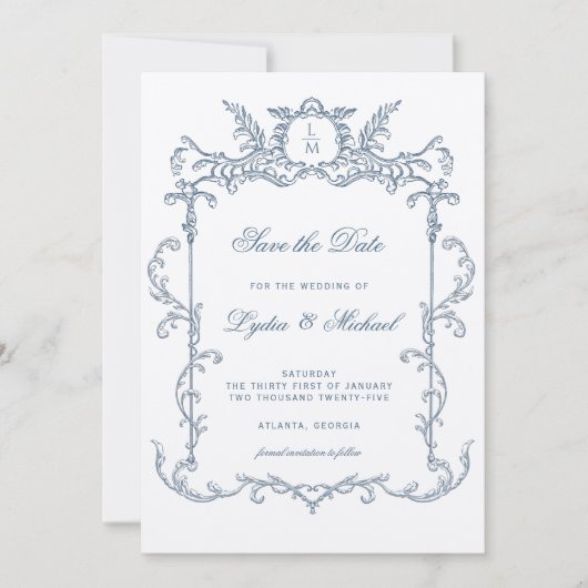 Französisch-Verziert-Barockmonogramm Save the Date (Vorderseite)