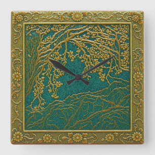 Französische Alpen Gold  Zitronen Türkis Schattier Quadratische Wanduhr