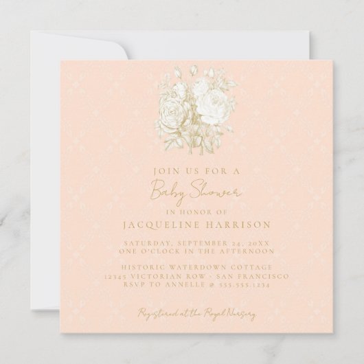 Französische Bläserei Elegante Toile Pink Gold Bab Einladung (Vorderseite)