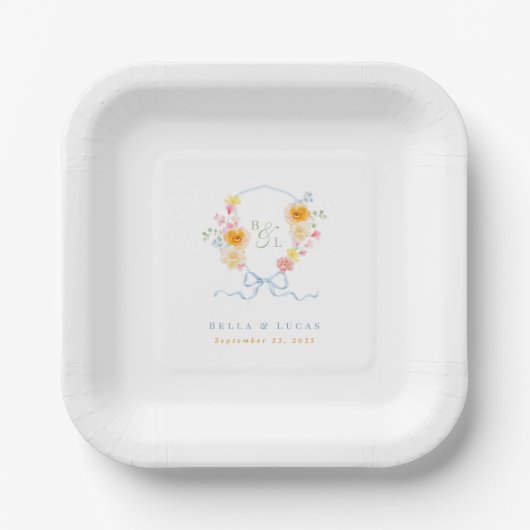 Französische blaue Bogenwappen-Monogramm-Frühlings Pappteller (Vorderseite)