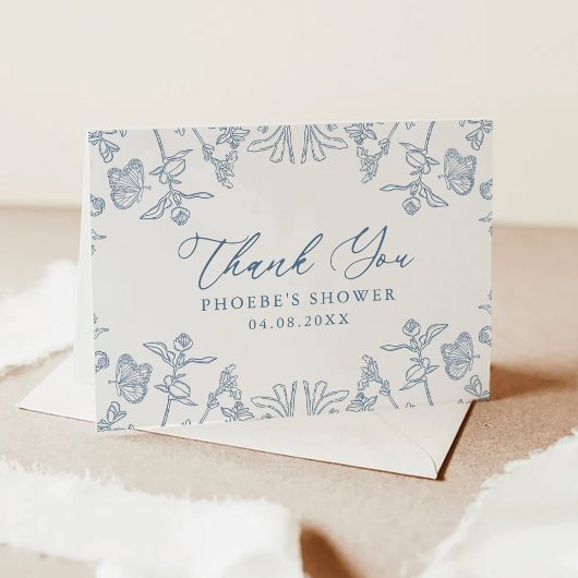 Französische Blaue Chinoiserie Blumendusche geklap Dankeskarte